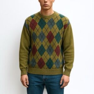 Vintage Wool Crewneck Argyle Sweater in Chartreuse / Teal / Magenta | Size S